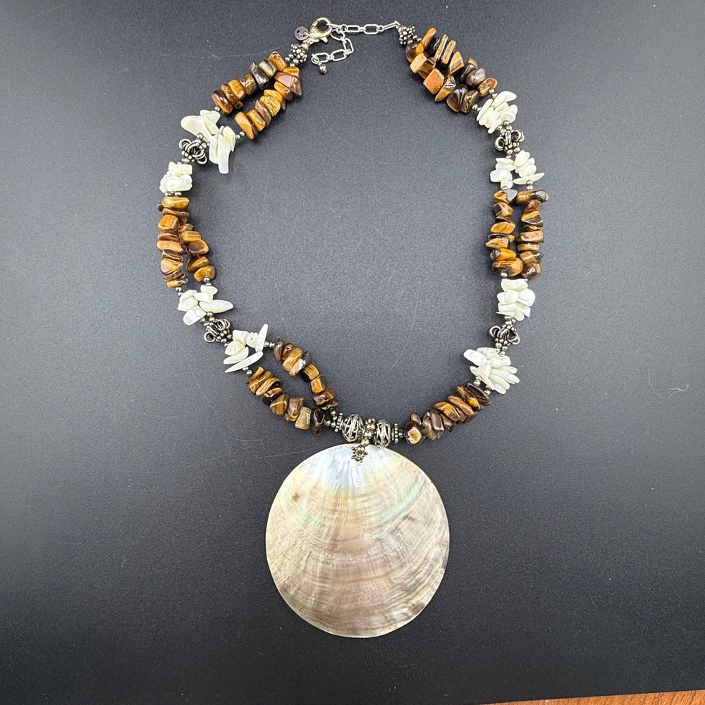Vintage Estate Sterling Silver Tigers Eye Shell Pendant Necklace Brown 15.5in